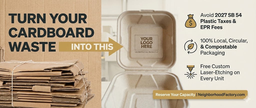 Turn your cardboard waste into sustainable fiber packaging - Avoid 2027 SB 54 Plastic Taxes, 100% Local and Compostable, Free Custom Laser-Etching